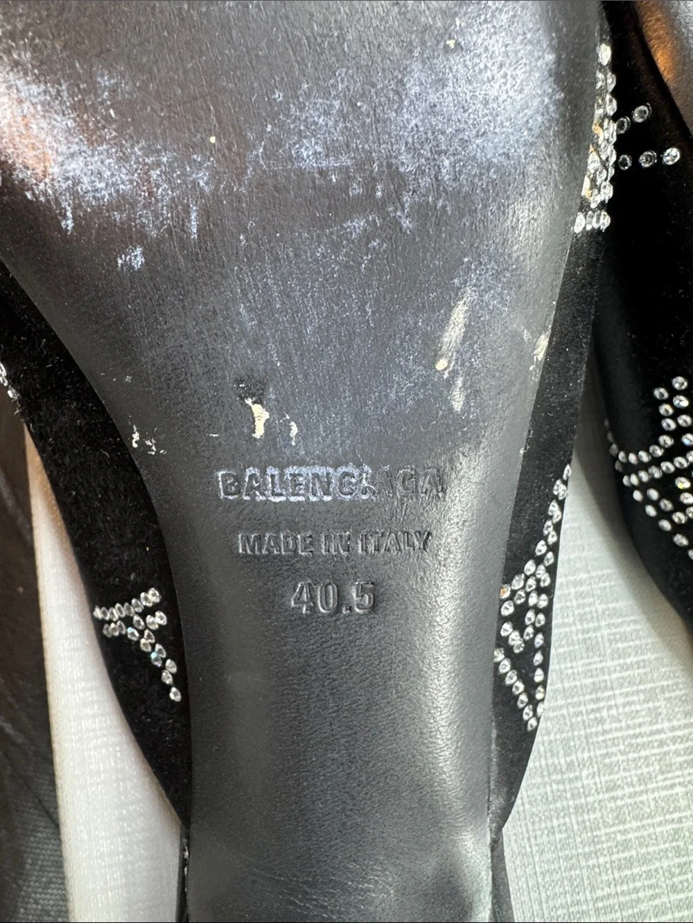 Balenciaga Black Satin Pointed-Toe Crystal-Embellished Mules - Picture 5 of 7